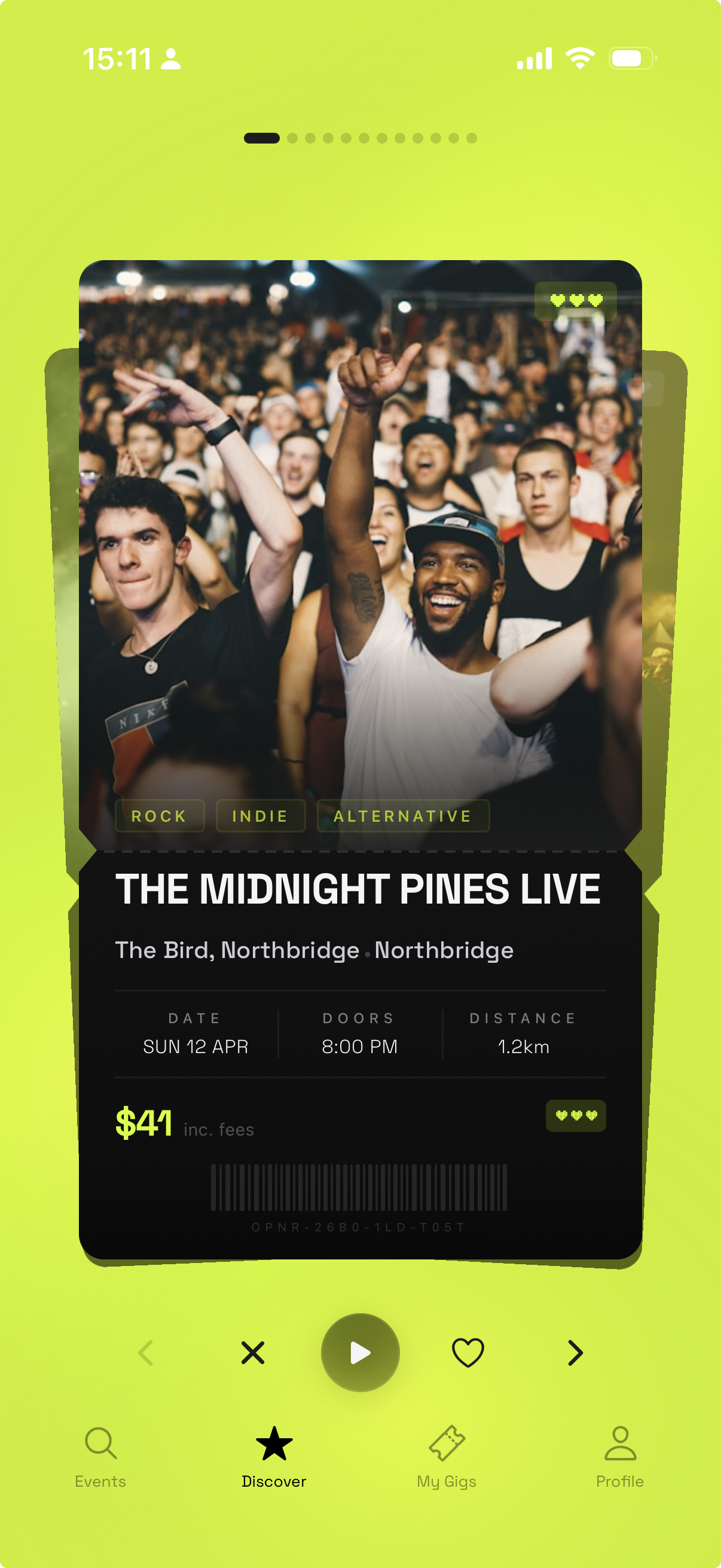 Opener — swipe through live shows matched to your taste